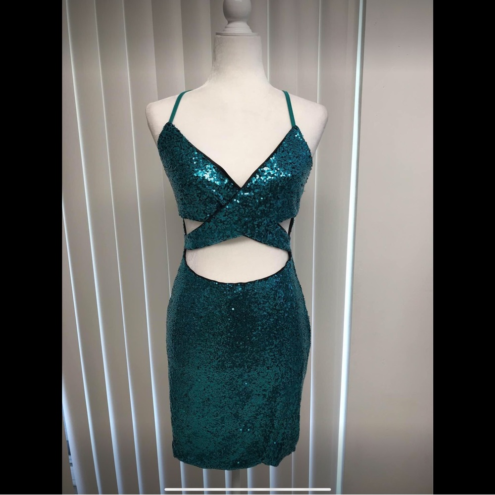 Teal Sequin Bodycon Cocktail Dress with Front Cutouts